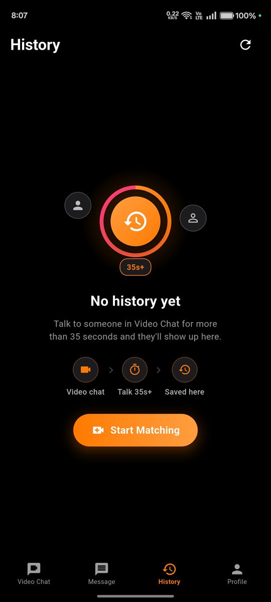 History screen of the MeAndYou app: people you talked to for more than 35 seconds are saved here
