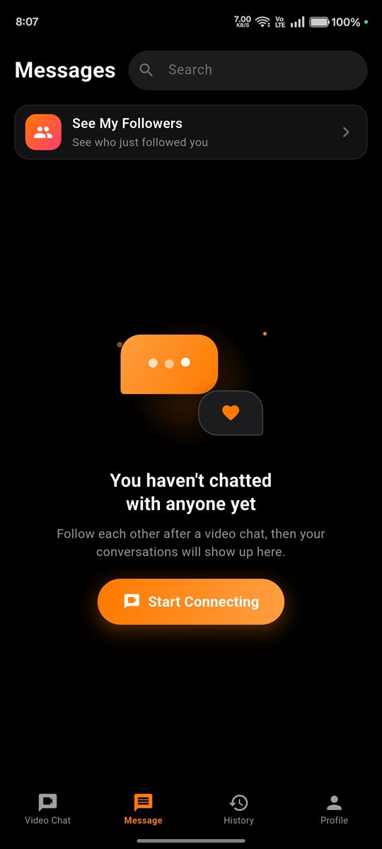 Messages screen of the MeAndYou app with a Start Connecting button
