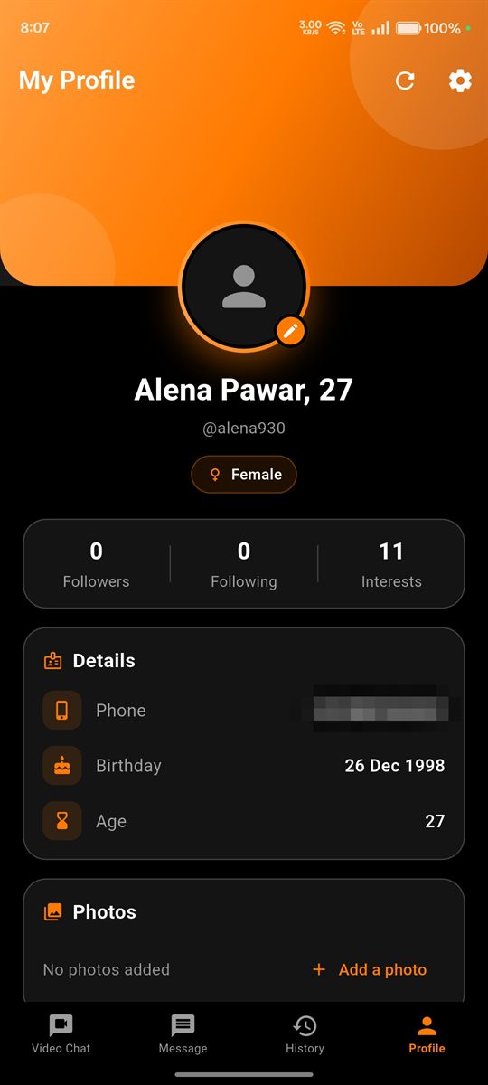 My Profile: name, interests, details and photos